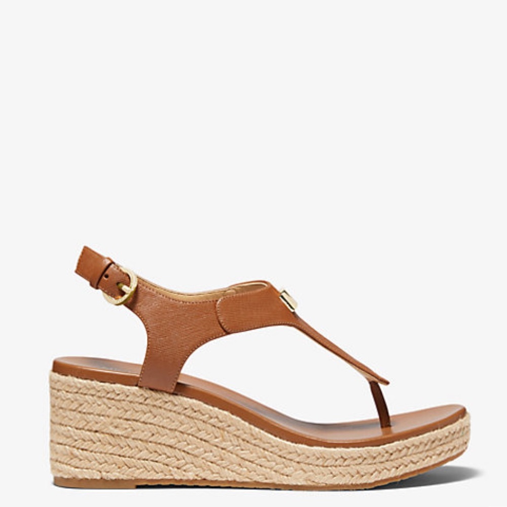 Michael Kors Brown Leather Espadrille Wedge Sandals with Gold Logo - Picture 8 of 9